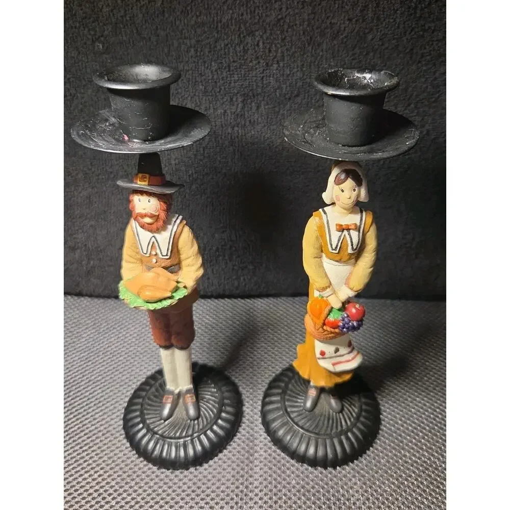 vintage Thanksgiving pilgrim couple candle holders 8.5